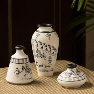 ExclusiveLane 'Warli Tales' Terracotta Flower Vase for Living Room (8.9 cm x 8.9 cm x 15.2 cm, Handpainted, White) |Terracotta Décor Vase for Home Décor Items Gifts Terracotta Vases for Living Room