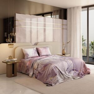 Stoa Paris 300TC UltraSatin Super Size Bedsheet with 2 Pillow Covers, 274cm x 274cm Ideal for King & Double Bed, Gentle on Skin & Hair, Fade & Wrinkle Resistant, Quick Dry, Louvre - Lavender, Peach